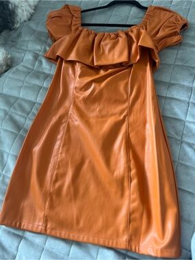 Kendall & Kylie Faux Leather Rust Orange Off-Shoulder Mini Dress
